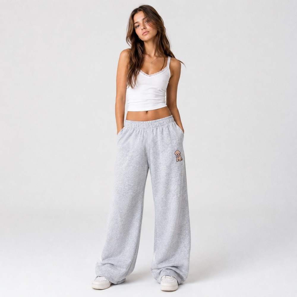Hollister Womens XS Gray Puppy Embroidered Wide Leg Fleece Sweatpants Y2K Lounge